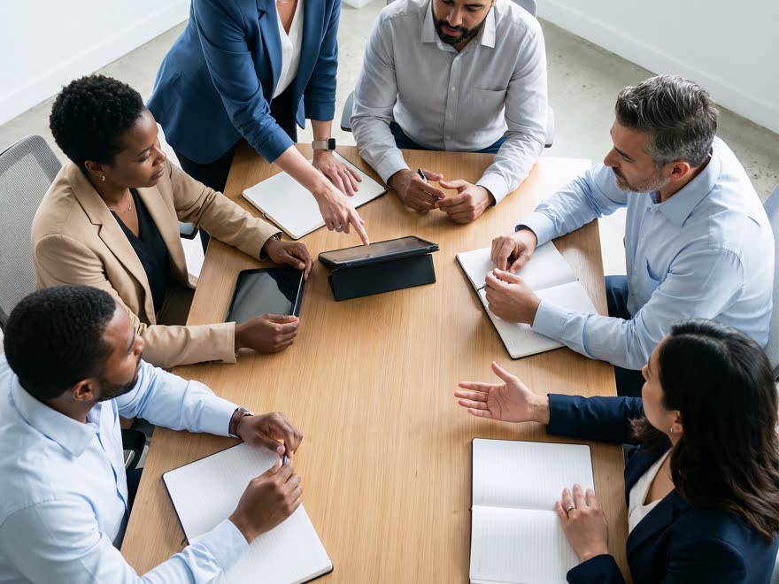Equipe reunida em torno de uma mesa em uma reunião de gestão.